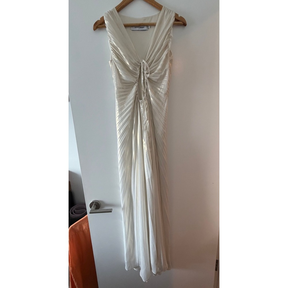 Georgia Hardinge Goldie V-Neck Maxi Dress Ivory Gold Metallic Pleated Dress